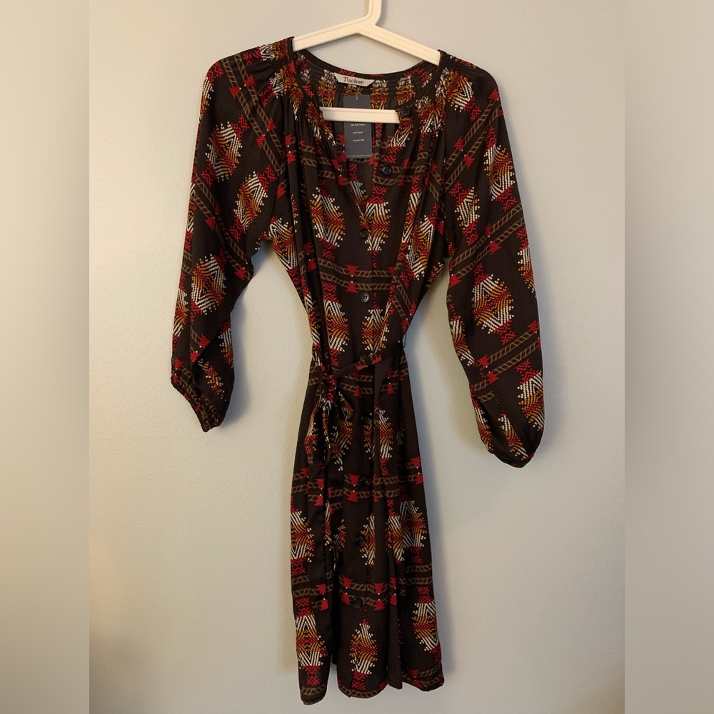 Boho Long-Sleeve Printed Women's Dress - Black with Red & Gold Accents